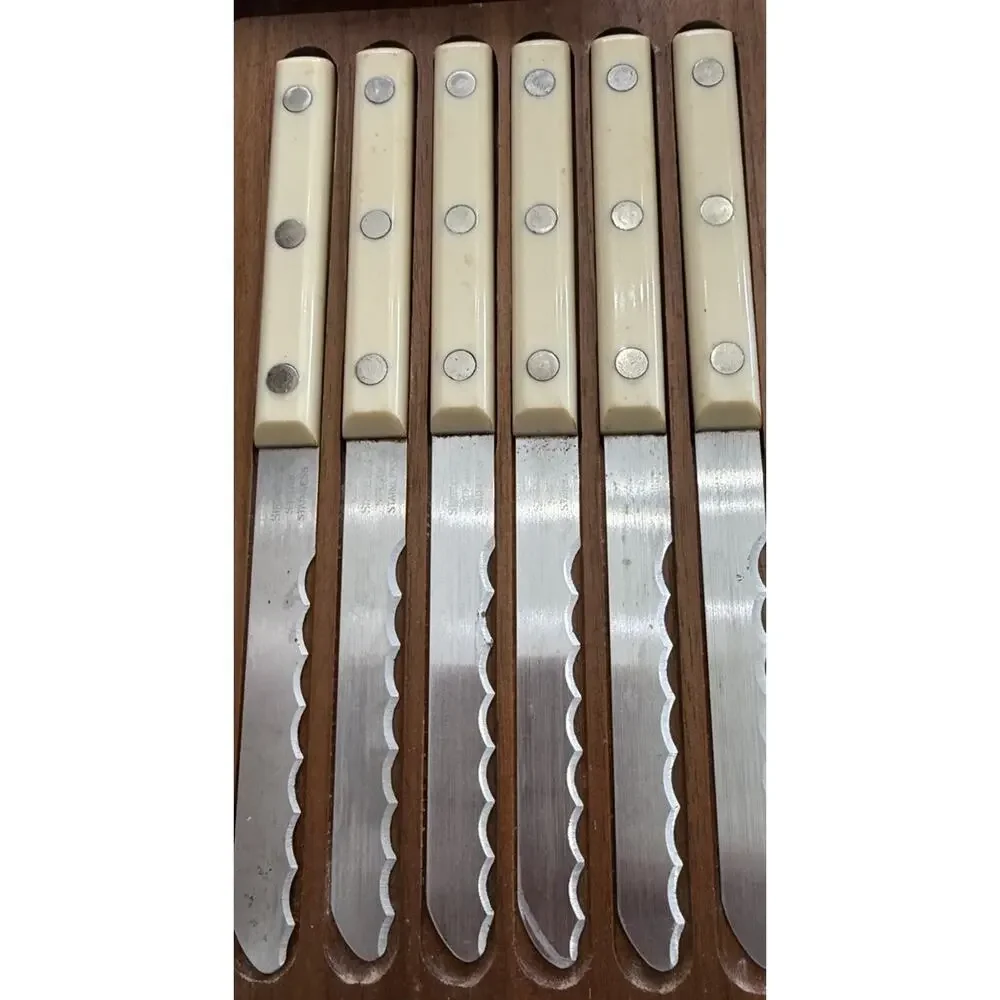 Vintage Simmons Stainless Steel Steak Knives Set of 8 Cream Handle Wood Lock Box
